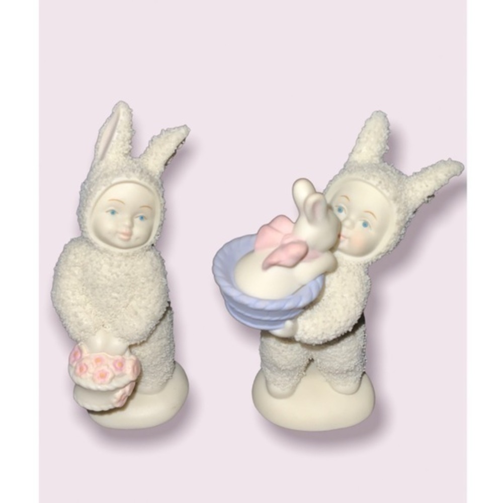 2 Department 56 Snowbabie Bunnies; Porcelain Figurines Holding Flowers & Bunny